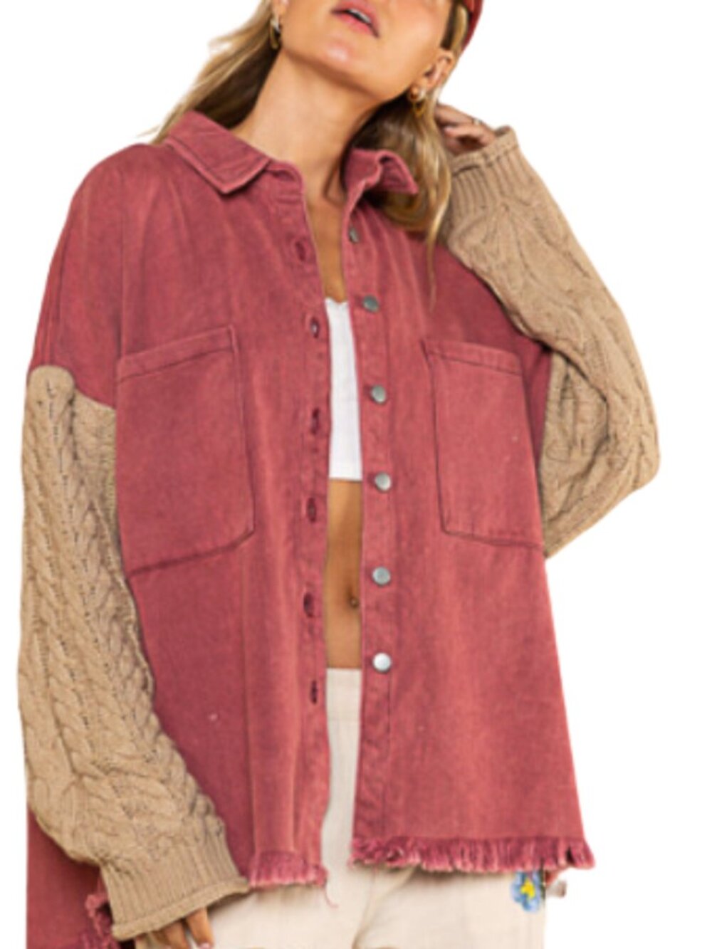 POL Button Down Shacket Distressed Sweater Sleeve Jacket